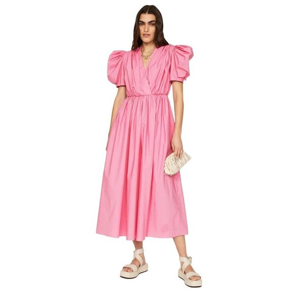 Arias new York Gathered Shoulder Dress in Pink 4 Womens Cotton Long Midi Maxi - Picture 1 of 14